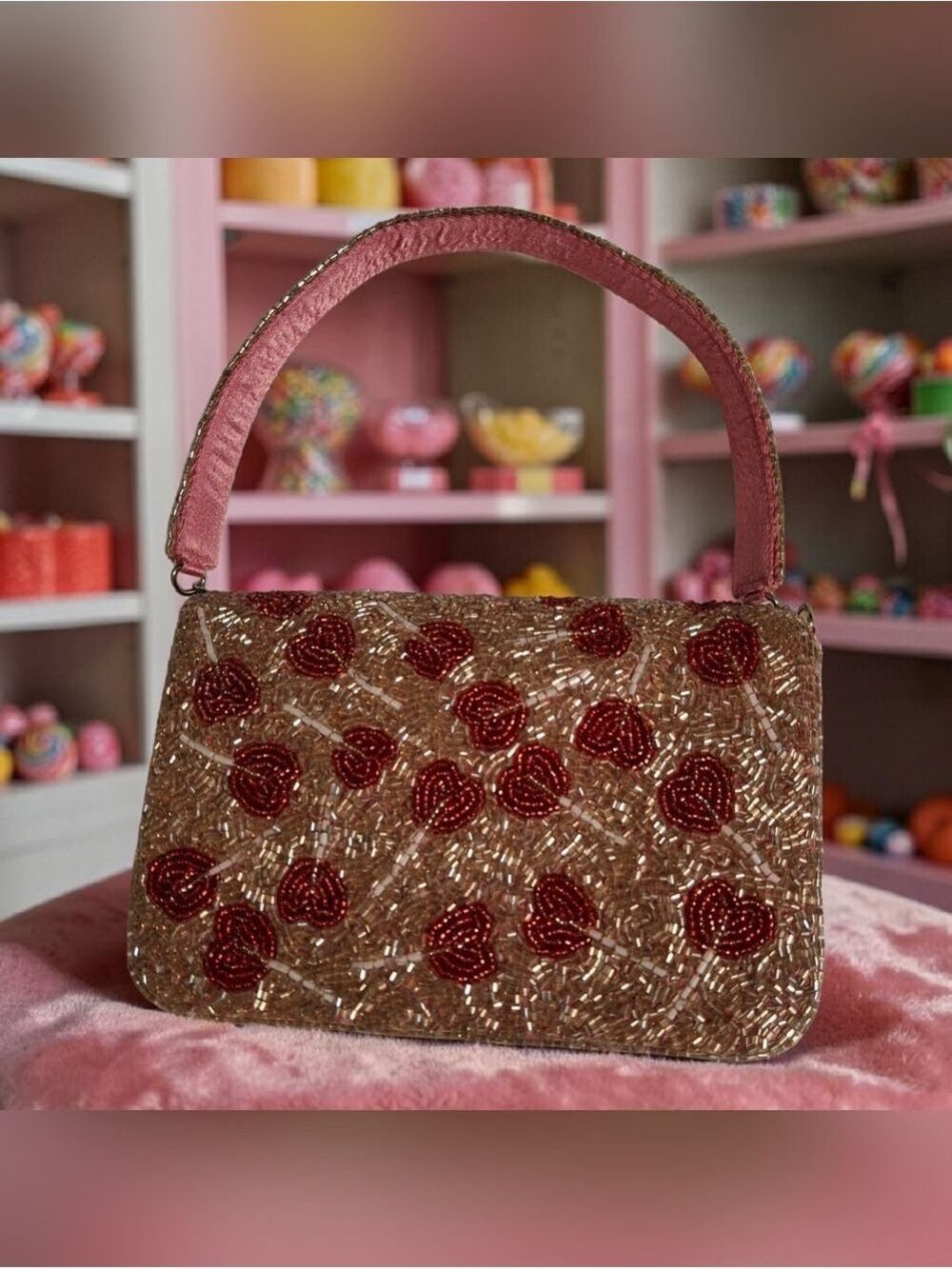 Viral Heart Lollipop Handbag Fully beaded in pink and red. Sweet! Nwot